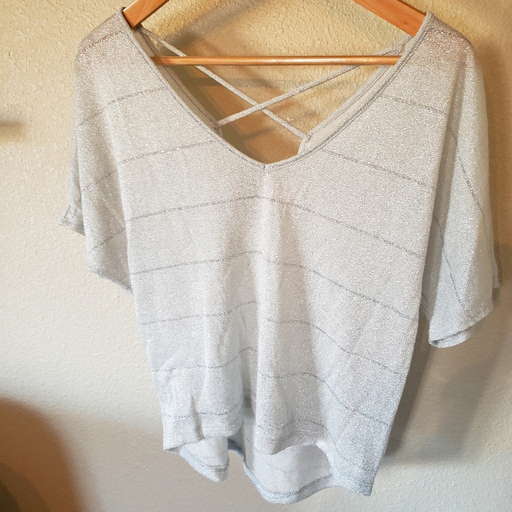 Sparkling striped silver and white top